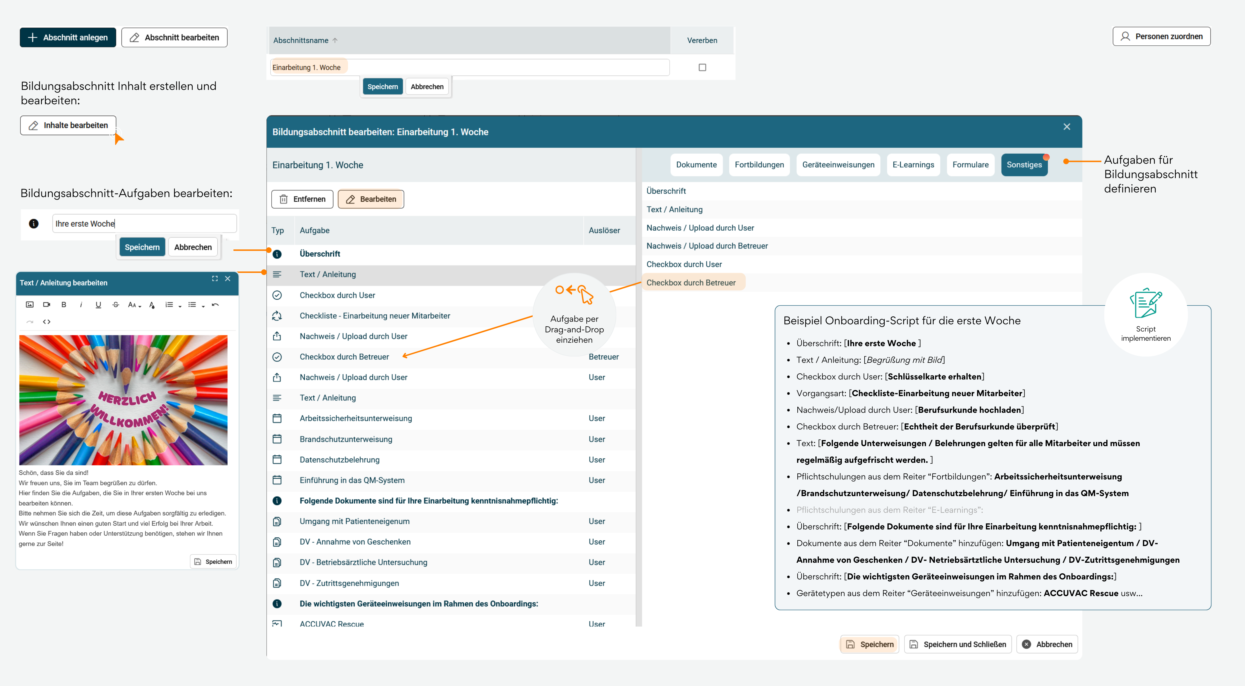 Screenshot des qualido Bildungsabschnitt-Editors für "Einarbeitung 1. Woche". Links: Button "Inhalte bearbeiten" und Rich-Text-Editor mit buntem Willkommensbild und Einführungstext. Mitte: Dialog "Bildungsabschnitt bearbeiten" mit Aufgabenliste - verschiedene Aufgabentypen wie Überschrift, Text/Anleitung, Checkboxen (User/Betreuer), Nachweise/Uploads, Checkliste für neue Mitarbeiter, Arbeitssicherheitsunterweisung, Brandschutz, Datenschutz, QM-System, Umgang mit Patienteneigentum, DV-Annahme, DV-Betriebsärztliche Untersuchung, DV-Zutrittsgenehmigungen und Geräteeinweisungen. Aufgaben können per Drag-and-Drop sortiert werden. Rechts oben: Tabs für Dokumente, Fortbildungen, Geräteeinweisungen, E-Learnings, Formulare, Sonstiges. Rechts: Dropdown-Menü mit Aufgabentypen und Beispiel-Onboarding-Script mit Checkliste aller Pflichtaufgaben für die erste Woche.